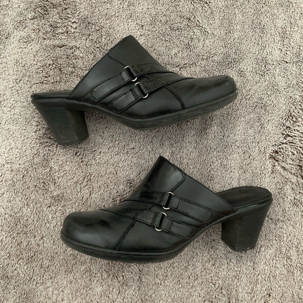 Clarks Black Leather Heeled Mules